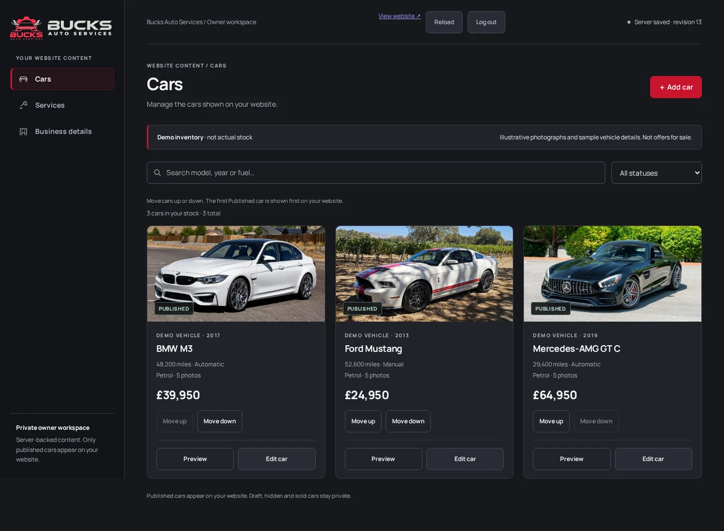Bucks owner dashboard with demonstration inventory